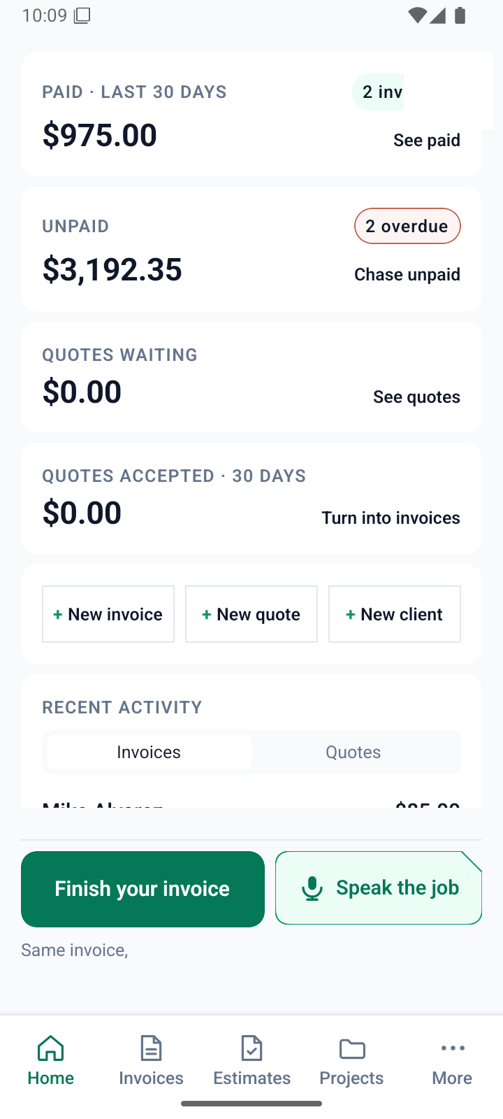 The SnipInvoice home screen, showing paid, unpaid, quotes waiting and quotes accepted as four figures