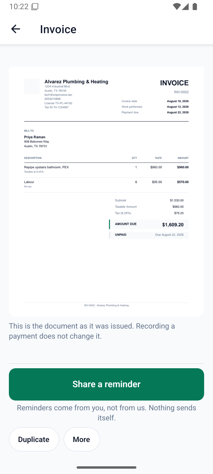 A generated invoice PDF, showing the contractor letterhead, line items, per-line tax and the amount due