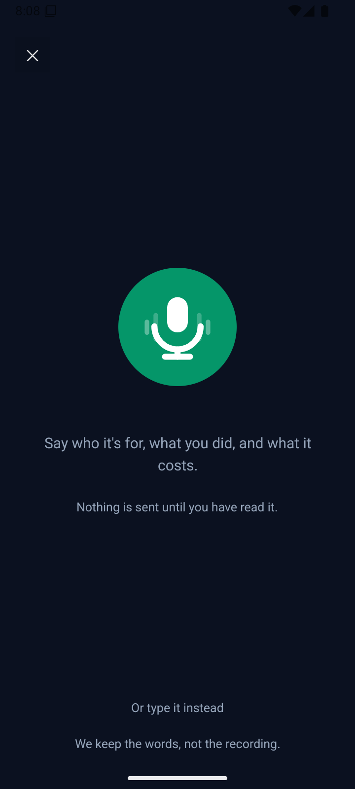 The SnipInvoice recording screen, with a microphone button and the prompt to say who the job was for, what you did and what it costs