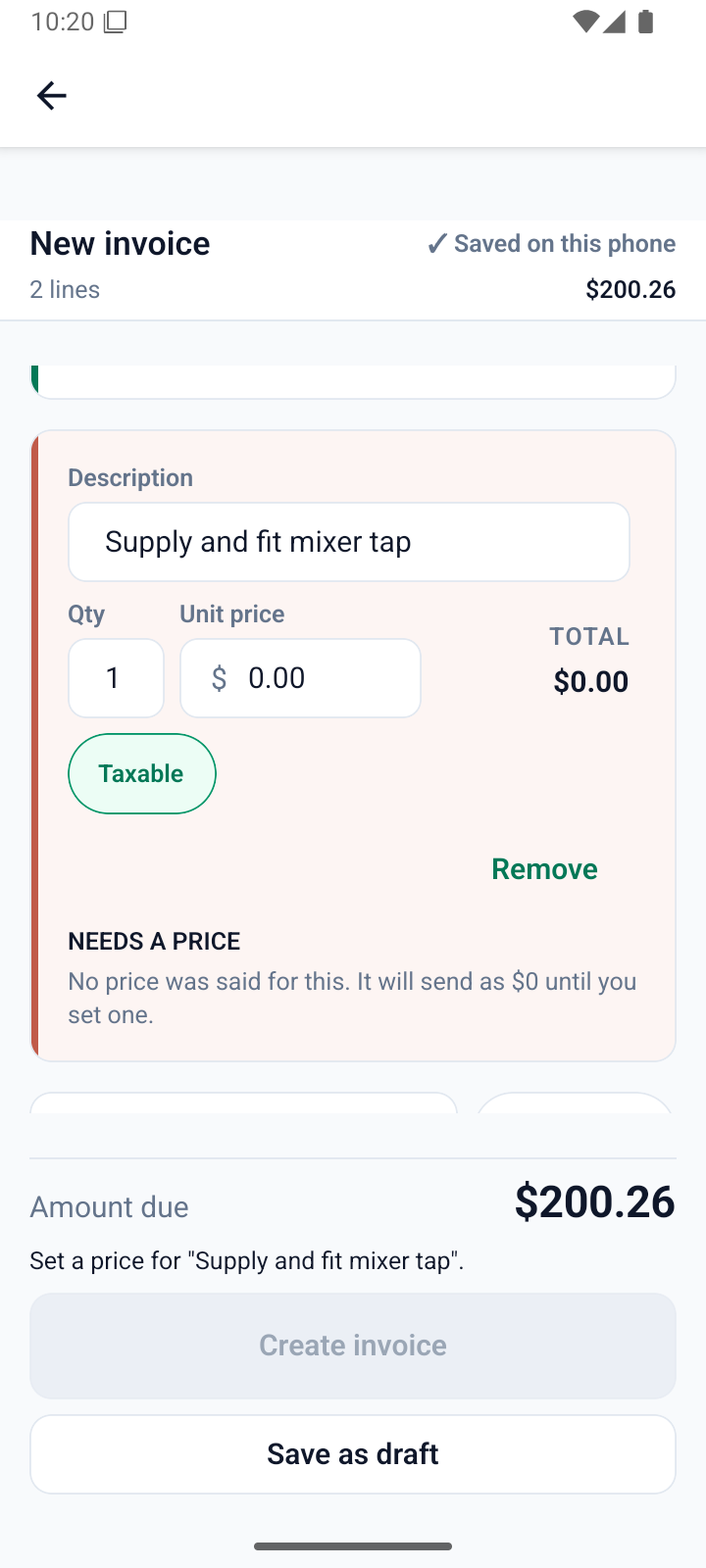 The review screen, showing one priced line and one line flagged NEEDS A PRICE